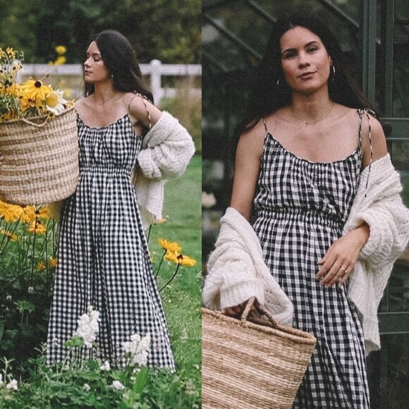 Doen Dresses & Skirts - Doen Leslie Marilyn Gingham Black White Tie Shoulder Smocked Voile Midi Dress